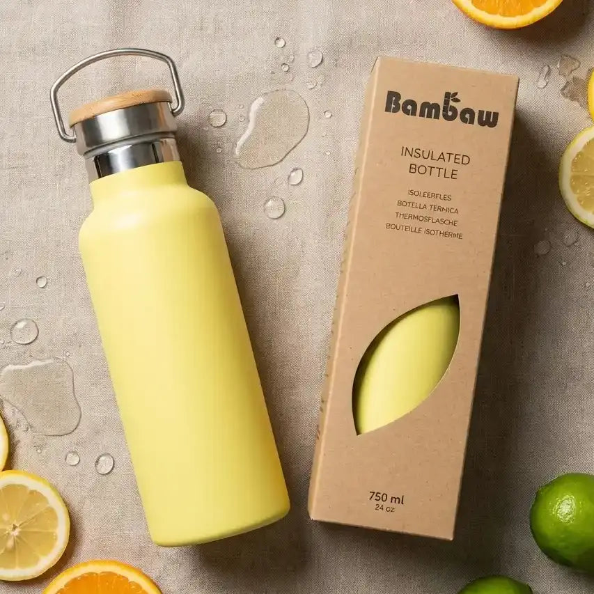 Bouteille isotherme Bambaw jaune 750ml acier inoxydable avec couvercle bambou