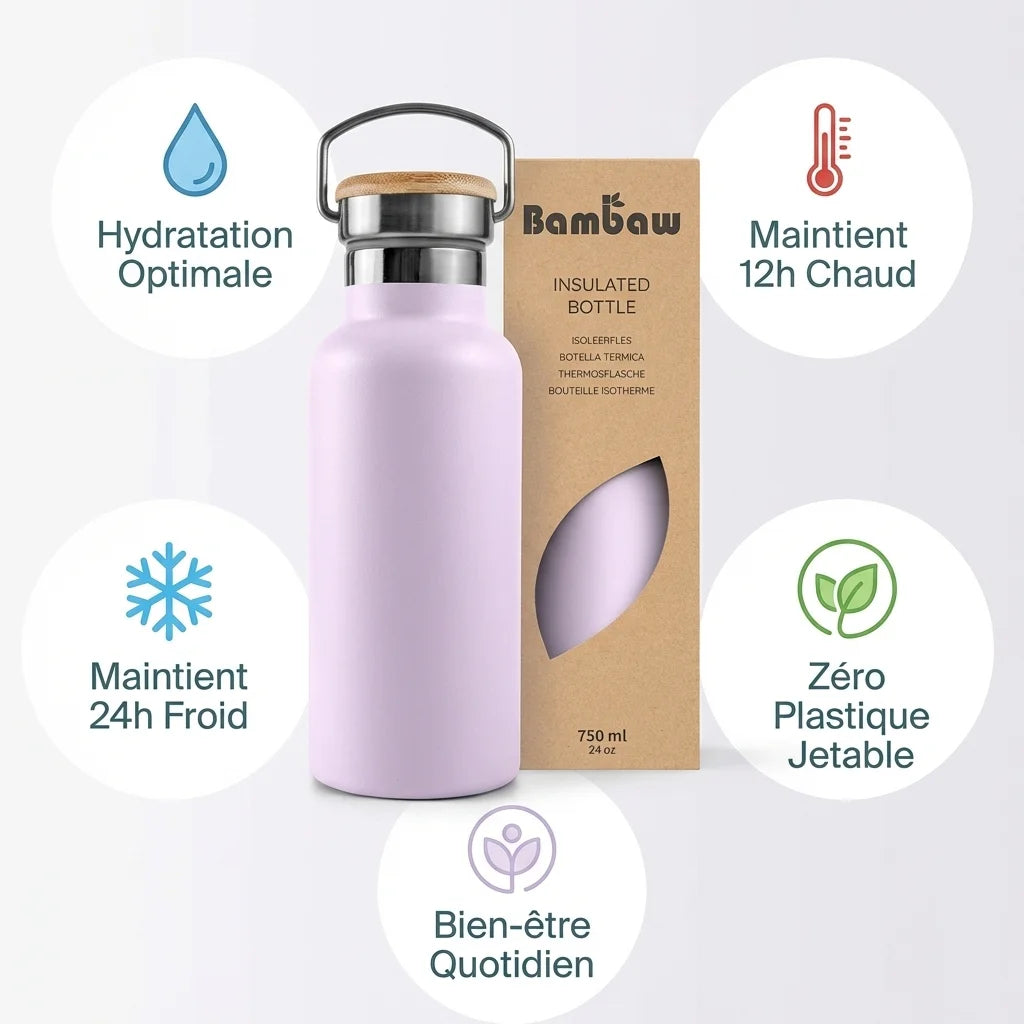 Bouteille isotherme lilas 750ml acier inoxydable Bambaw avec avantages hydratation et isolation thermique