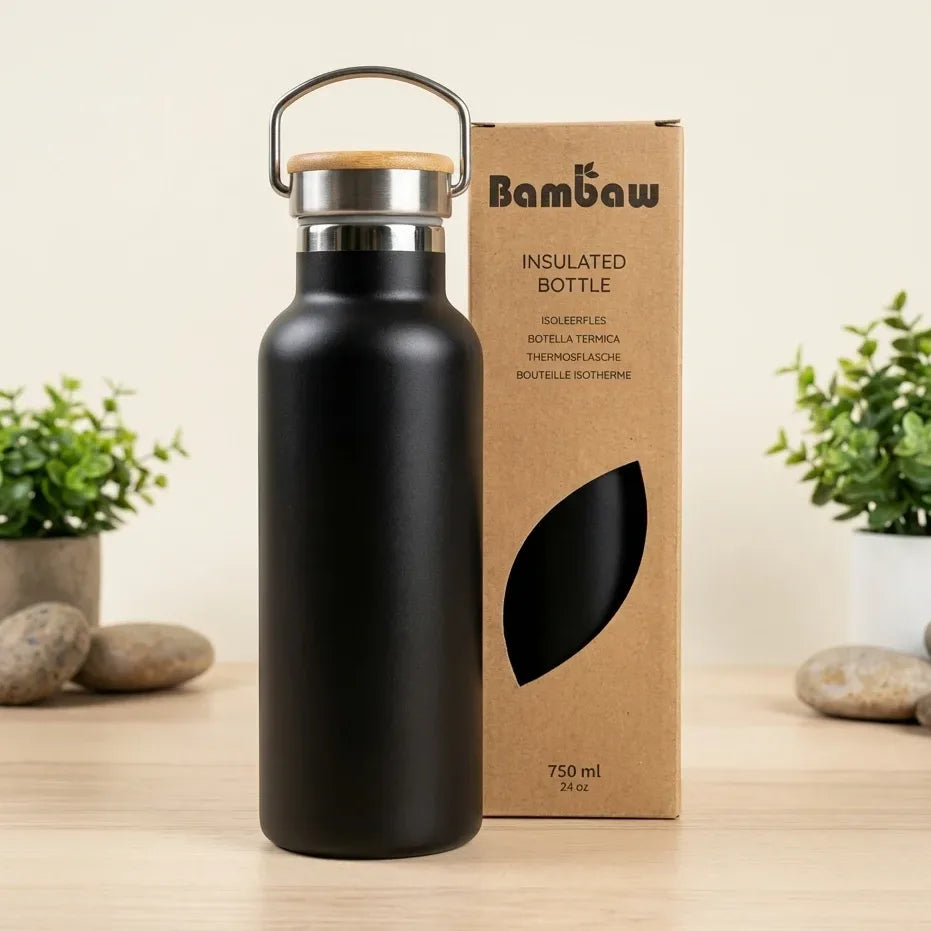 Bouteille isotherme Bambaw noir onyx 750ml acier inoxydable avec bouchon bambou