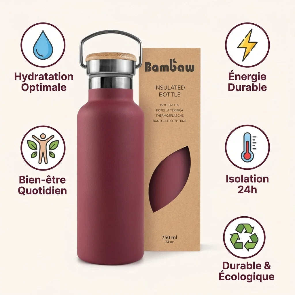 Bouteille isotherme rouge cerise 750ml Bambaw acier inoxydable avec bénéfices hydratation et isolation 24h