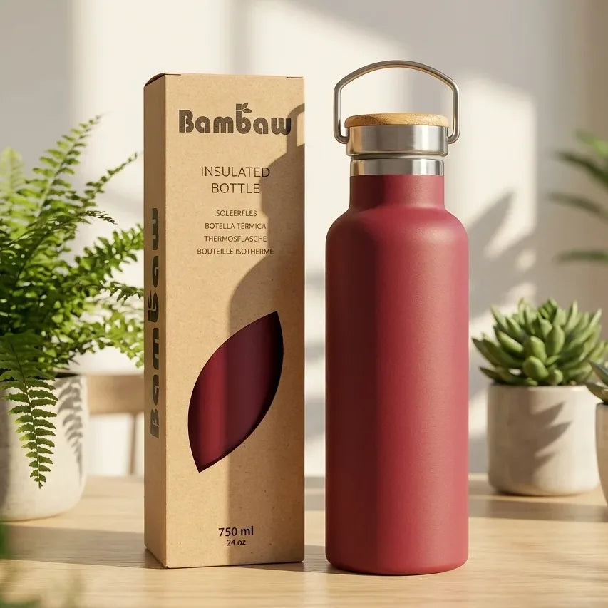 Bouteille isotherme rouge cerise Bambaw 750ml acier inoxydable avec détail bambou