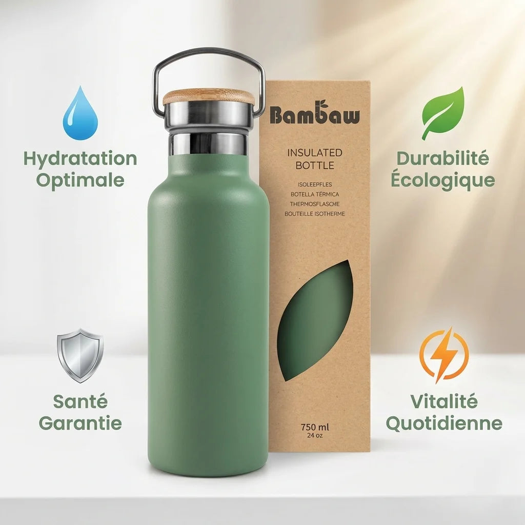 Bouteille isotherme Bambaw vert sauge 500mL avec bouchon bambou et icônes bénéfices écologiques