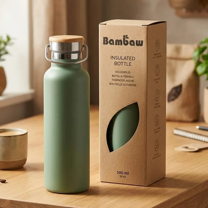 Bouteille isotherme Bambaw vert sauge 500mL en acier inoxydable avec bouchon bambou