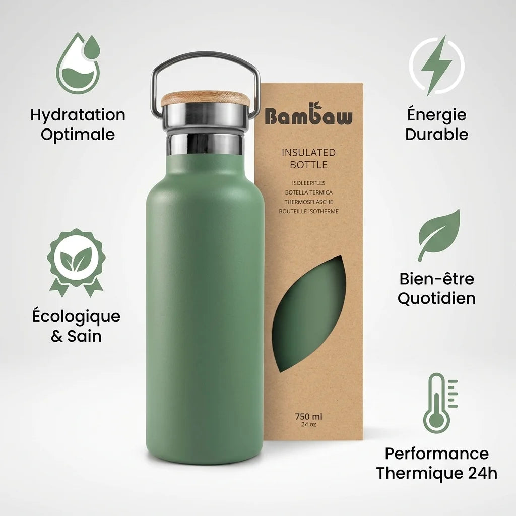 Bouteille isotherme vert sauge 750ml Bambaw acier inoxydable avec bénéfices