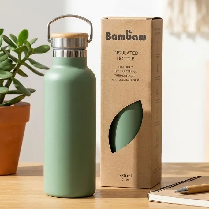 Bouteille isotherme Bambaw vert sauge 750ml en acier inoxydable avec bouchon bambou sur bureau