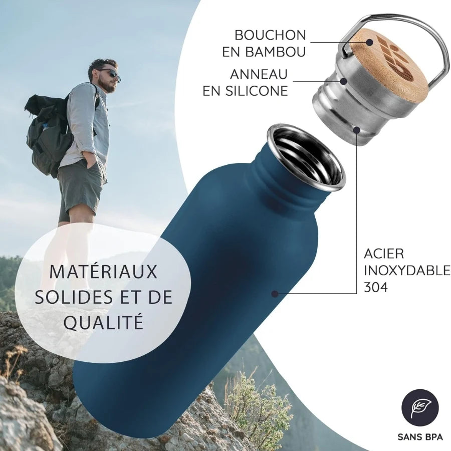 Les bienfaits de la bouteille isotherme en acier inoxydable couleur bleu saphir de la marque Bambaw 