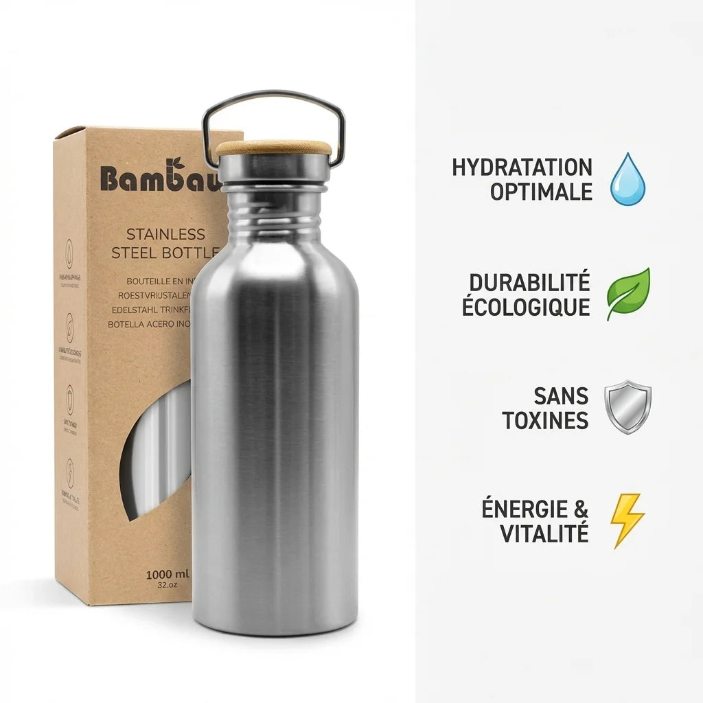 Bouteille acier inoxydable Bambaw 1L écologique avec poignée bambou et avantages durabilité