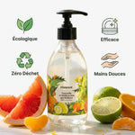 Bouteille liquide vaisselle Pimpant agrumes écologique avec agrumes frais et icônes bénéfices