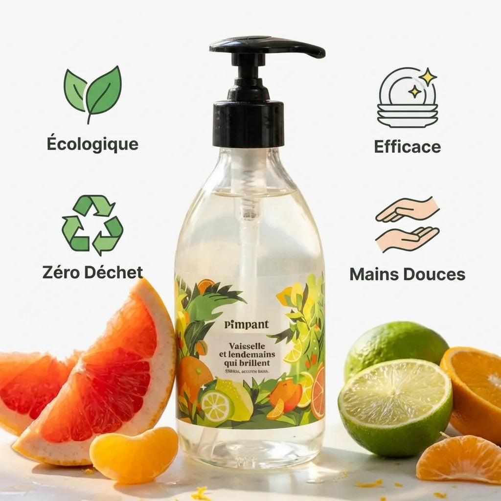 Bouteille liquide vaisselle Pimpant agrumes écologique avec agrumes frais et icônes bénéfices