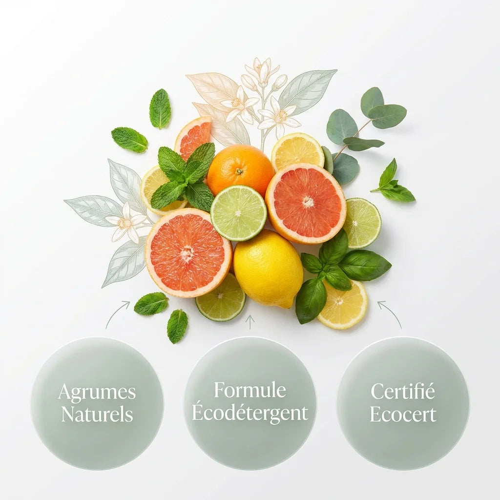 Bouteille liquide vaisselle Agrumes Pimpant avec ingrédients naturels citrus certifiés Ecocert
