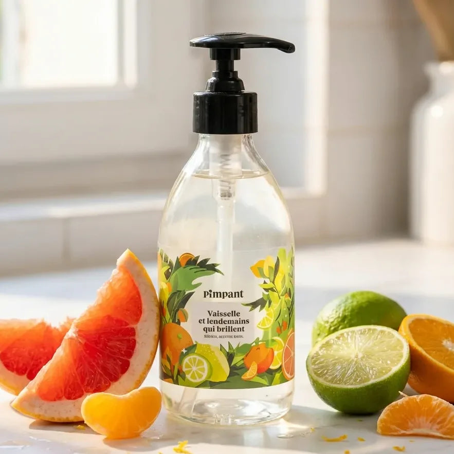 Bouteille Pimpant liquide vaisselle agrumes avec fruits frais sur plan de travail blanc