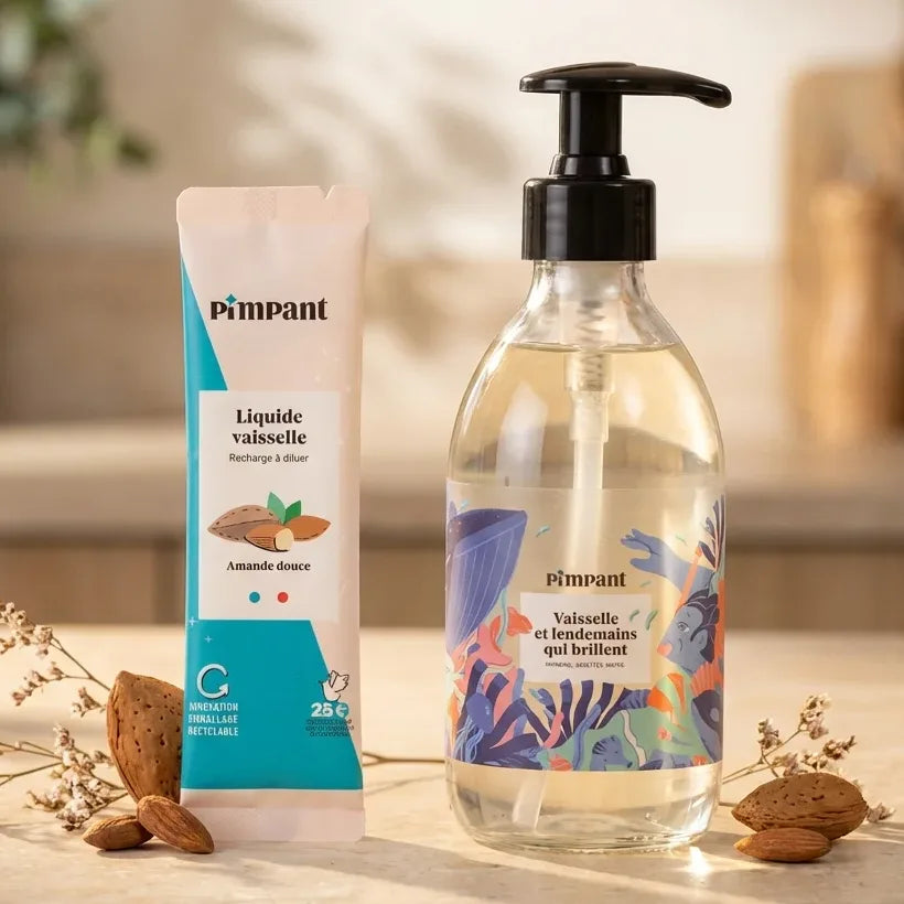 Bouteille liquide vaisselle Pimpant amande avec pompe verre et recharge écologique