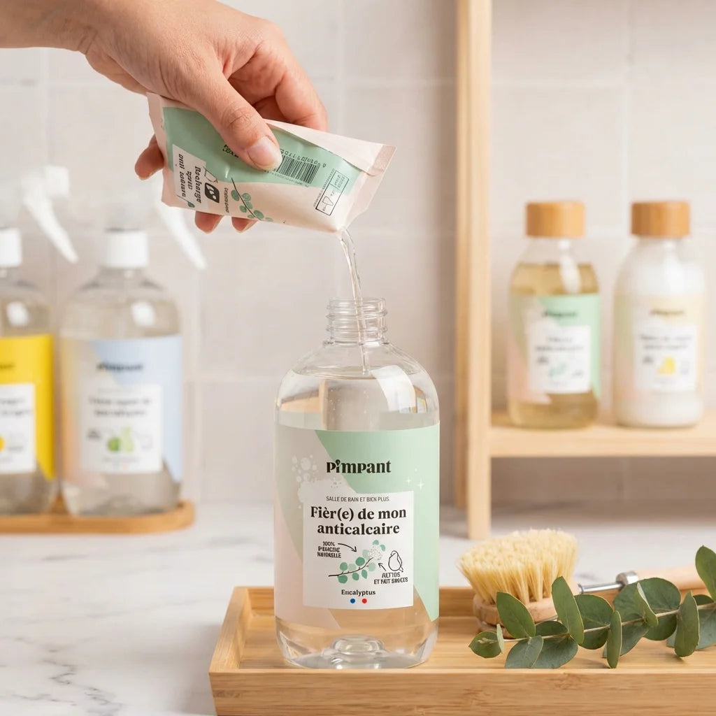 Bouteille spray anti-calcaire Pimpant rechargeable en action dans une salle de bain moderne