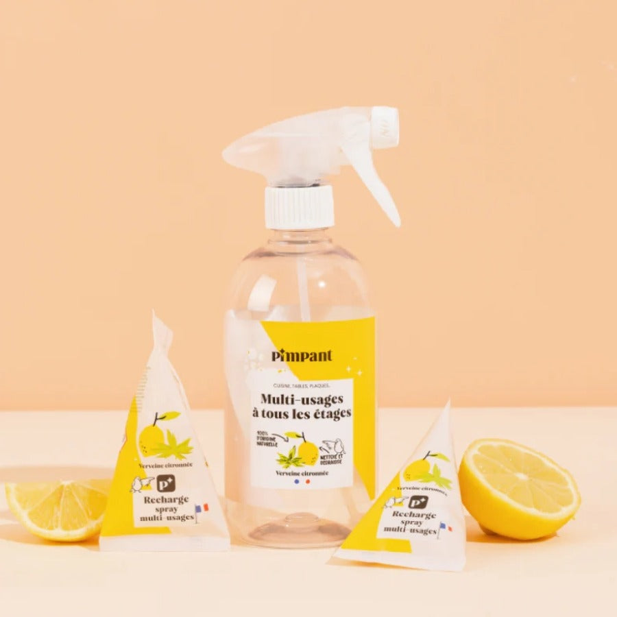 Bouteille spray rechargeable Pimpant citronnelle avec deux recharges en berlingot