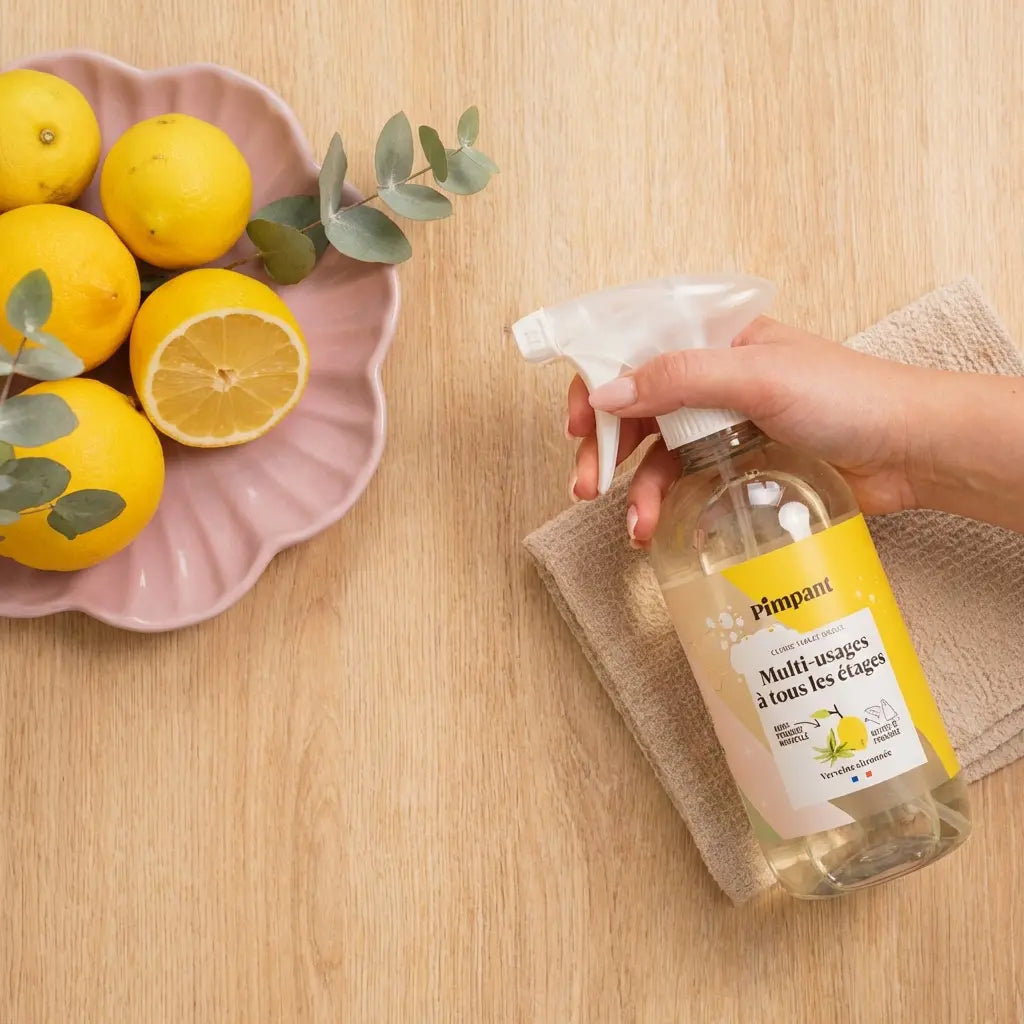 Bouteille spray rechargeable Pimpant citronnelle sur surface bois avec citrons et tissu
