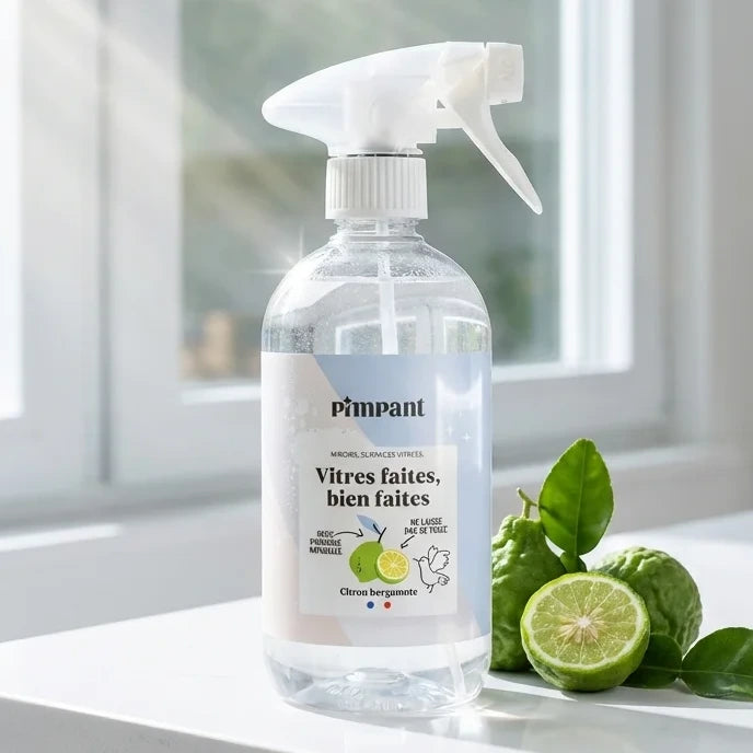 Bouteille spray vitres rechargeable Pimpant sur plan de travail cuisine avec fenêtres propres