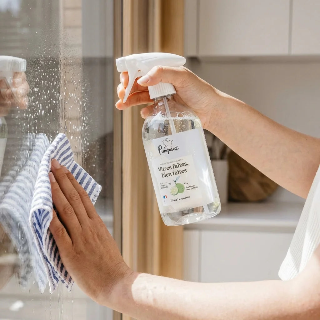 Bouteille spray vitres rechargeable Pimpant en action sur fenêtre avec chiffon microfibre bleu
