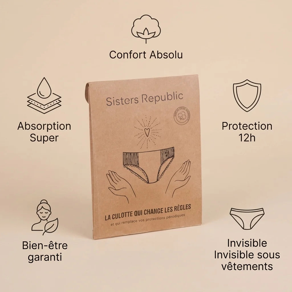 Boxer menstruel Ginger Sisters Republic taille XL avec icônes avantages confort, protection 12h et absorption super