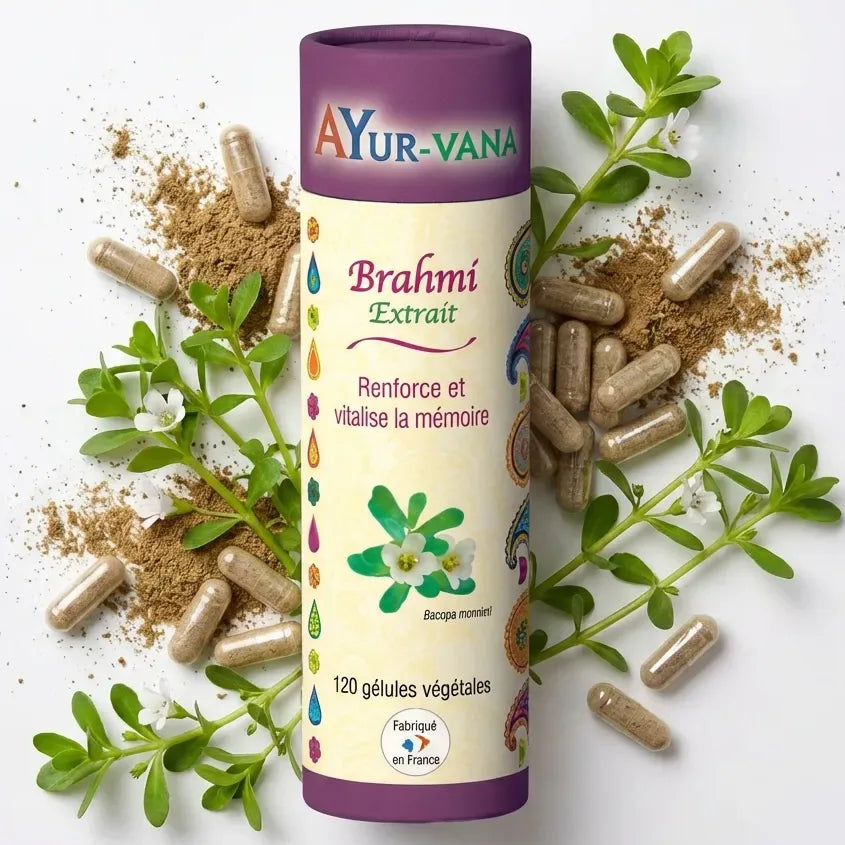 Brahmi Bacopa monnieri 120 gélules AyurVana avec feuilles fraîches de Brahmi pour la mémoire