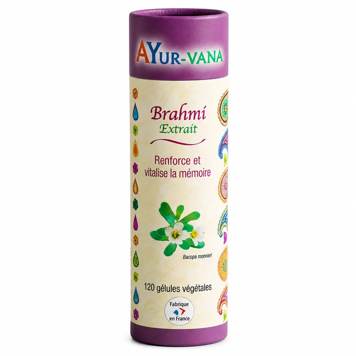 Brahmi Bacopa monnieri 120 gélules AyurVana pour la mémoire en flacon cardboard