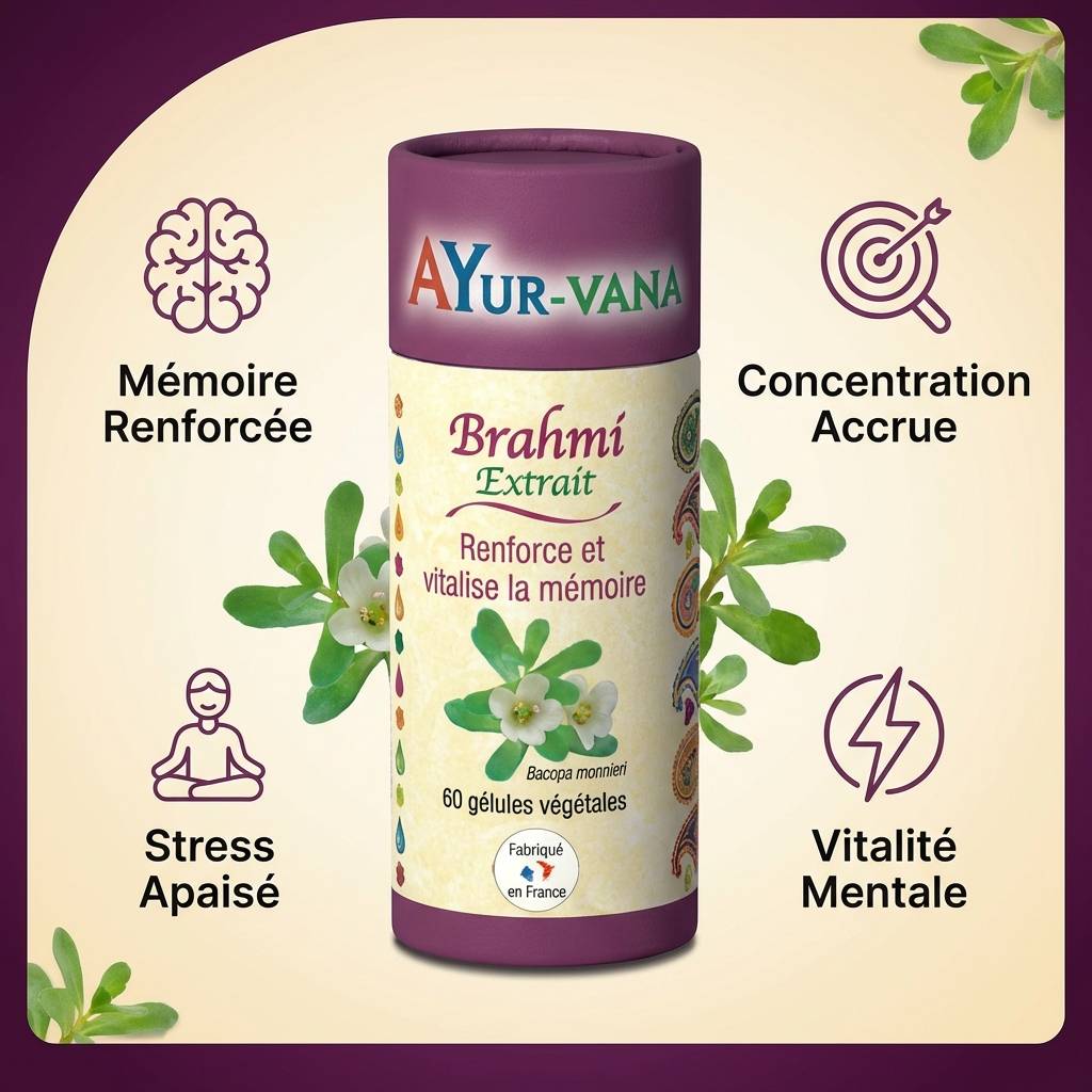 Brahmi Bacopa monnieri 60 gélules AyurVana - Flacon avec icônes mémoire, concentration, stress et vitalité mentale