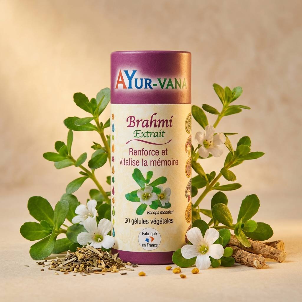 Brahmi Bacopa monnieri 60 gélules AyurVana avec plante et feuilles fraîches pour la mémoire