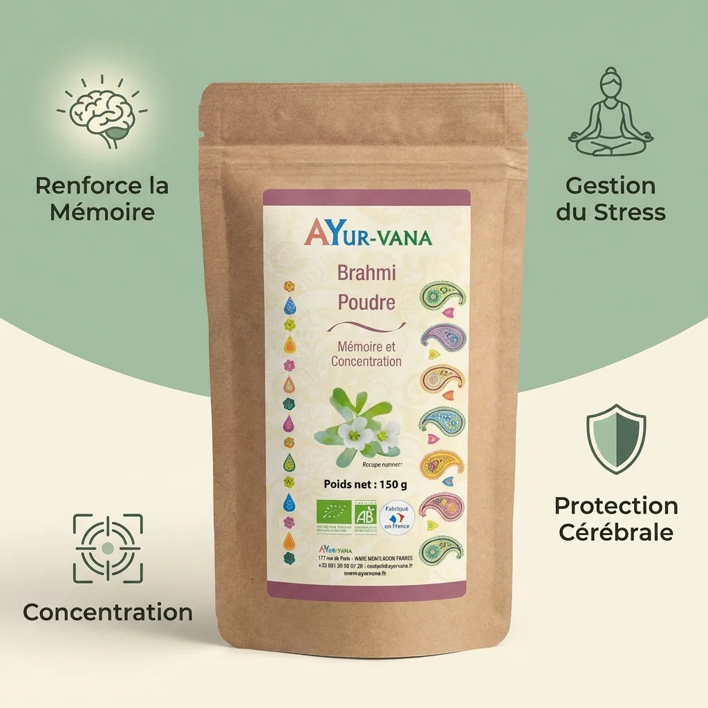 Brahmi bio poudre 150g Ayur Vana avec bénéfices : mémoire, stress, concentration, protection cérébrale