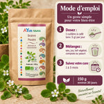 Brahmi bio en poudre Ayur Vana 150 g sur fond beige avec feuilles vertes, mode d'emploi : 1 cuillère à café par jour