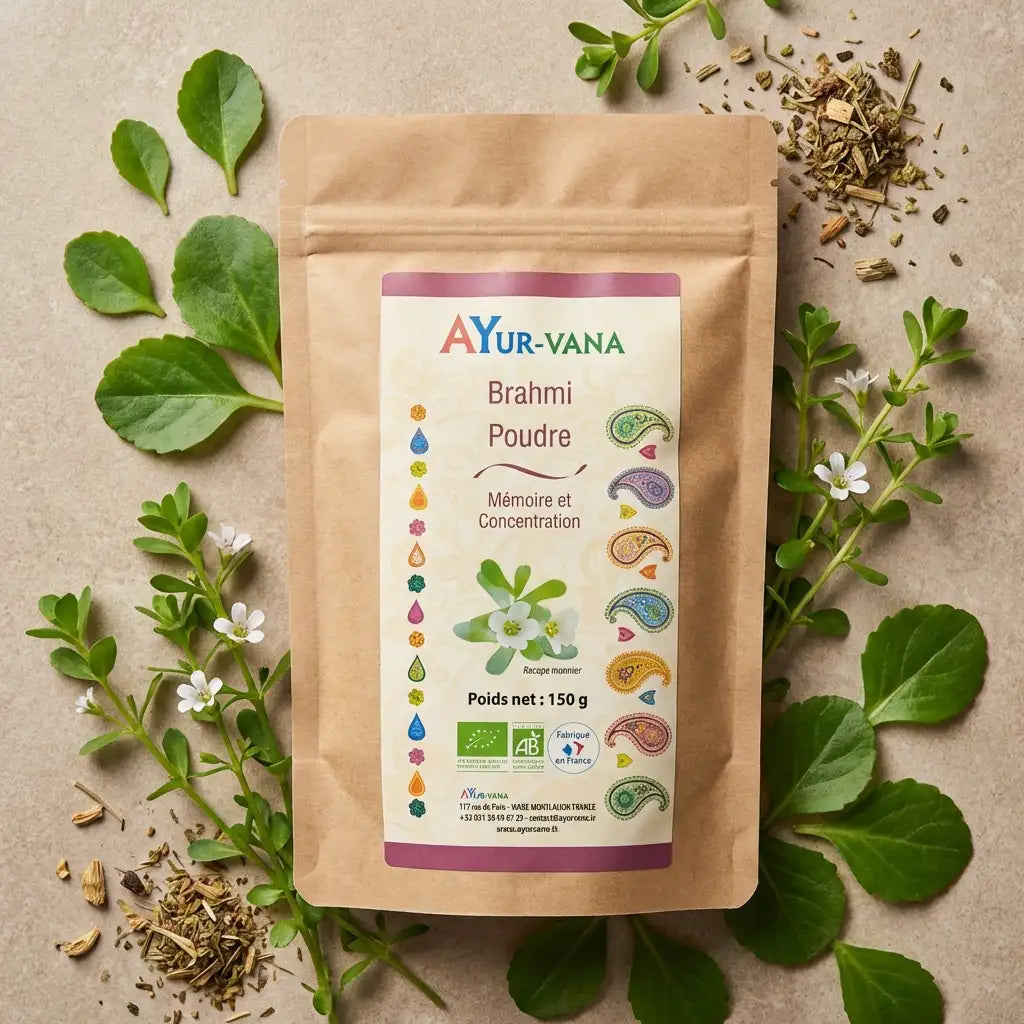 Brahmi bio en poudre 150g Ayur Vana avec feuilles fraîches et plantes botaniques