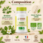 Brahmi bio vegan gélules Graine Sauvage bouteille infographie composition 375mg Bacopa Monnieri