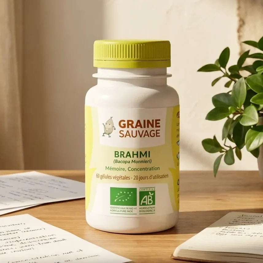 Graine Sauvage Brahmi bio vegan en gélules sur bureau avec notes étude