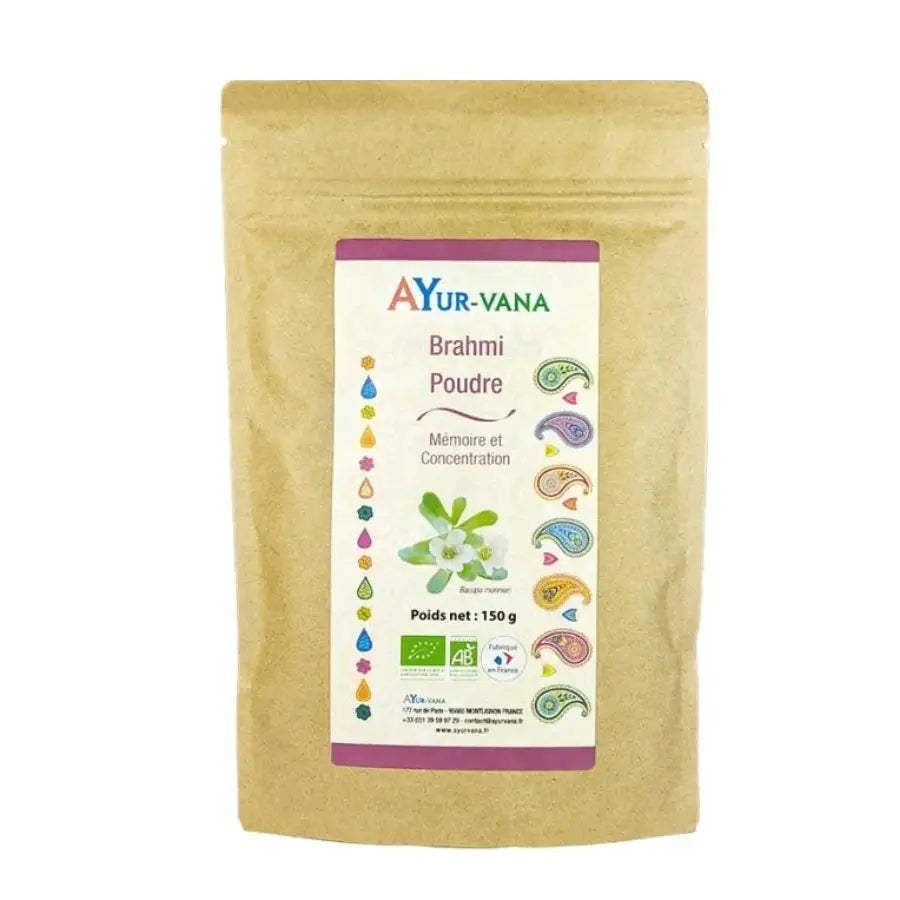 Un sachet de 150g de Brahmi en poudre de la marque Ayur Vana
