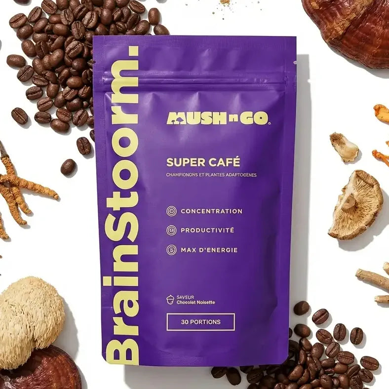 Brainstoorm Café aux champignons adaptogènes 56g sachet violet avec ingrédients naturels
