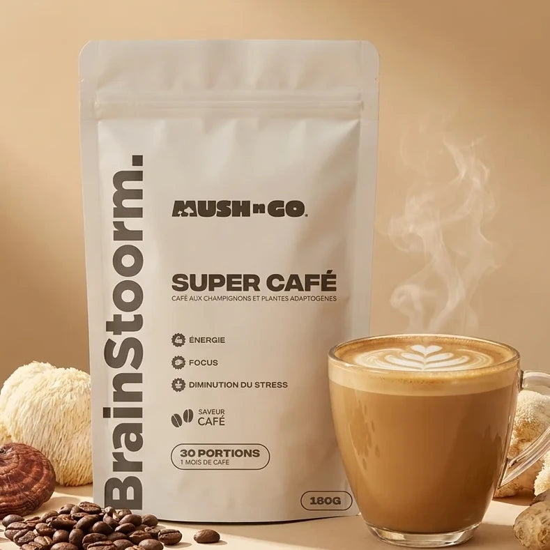 Brainstoorm café aux champignons adaptogènes avec tasse et ingrédients naturels