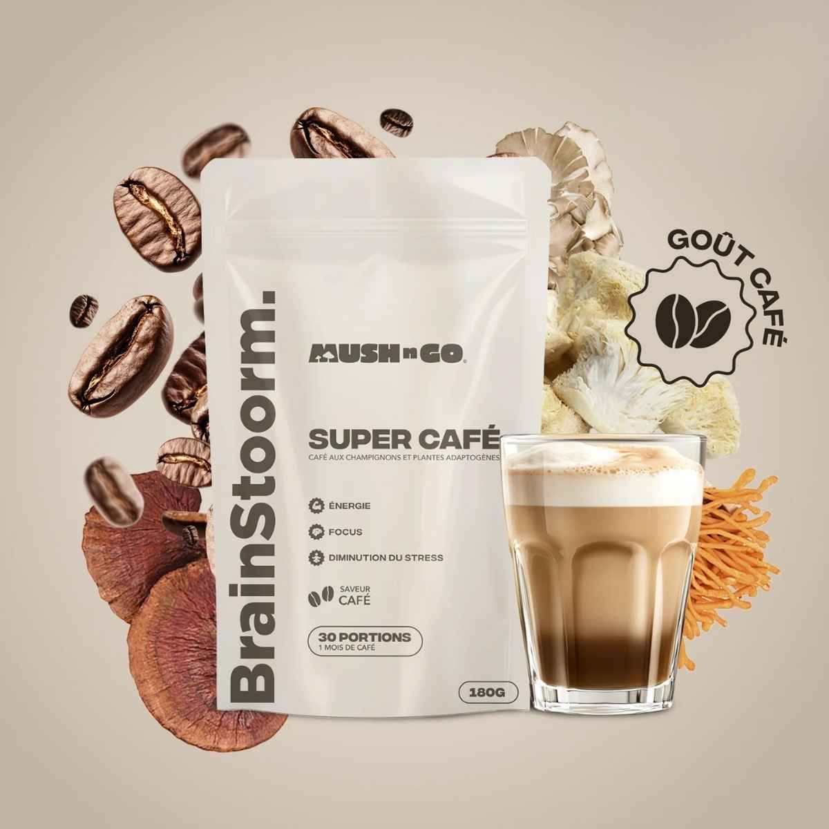 Brainstoorm café aux champignons adaptogènes 180g - Mush N Go sur fond beige.