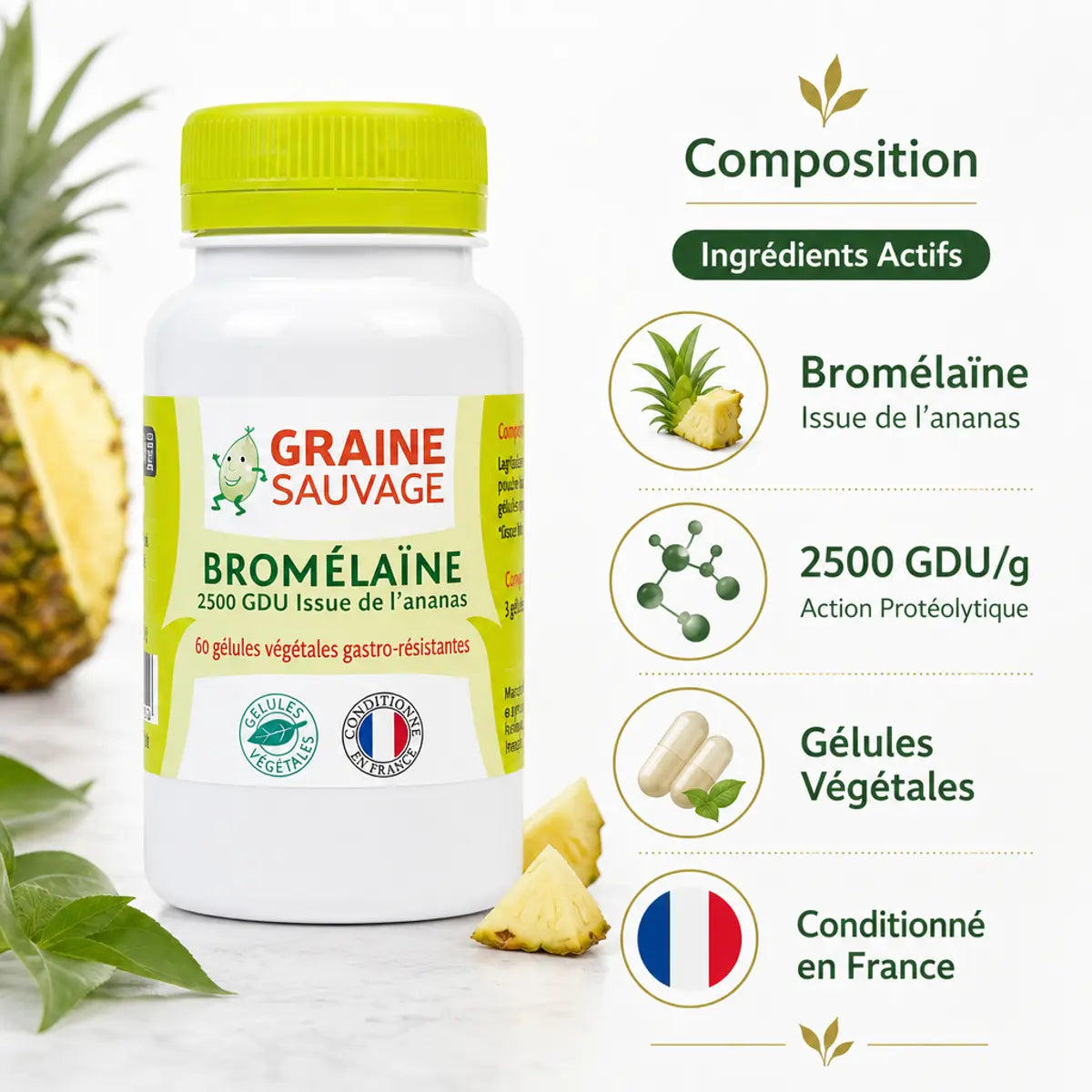 Bromélaïne 60 gélules Graine Sauvage avec composition ingrédients et enzyme protéolytique