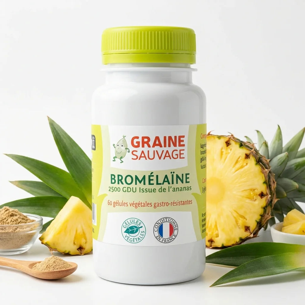 Bromélaïne 60 gélules Graine Sauvage avec ananas frais et feuilles vertes