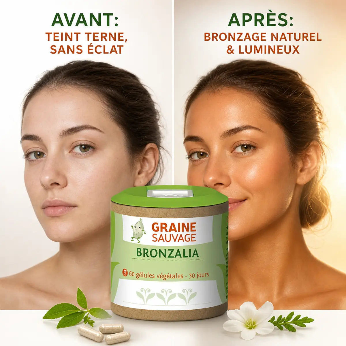 Bronzalia 60 gélules Graine Sauvage avant après teint terne bronzage naturel lumineux