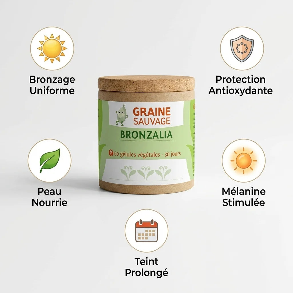 Bronzalia 60 gélules Graine Sauvage avec icônes bénéfices bronzage uniforme et protection antioxydante