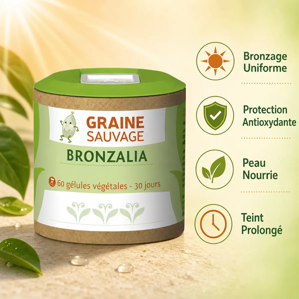 Bronzalia 60 gélules Graine Sauvage - Flacon avec bénéfices bronzage uniforme et protection antioxydante