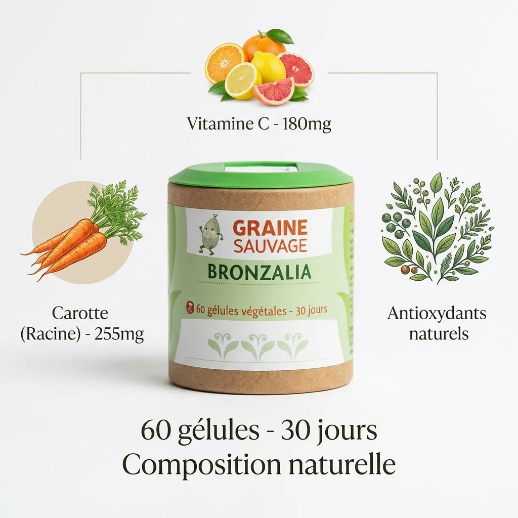 Bronzalia 60 gélules complément naturel carotte vitamine C antioxydants packaging vert