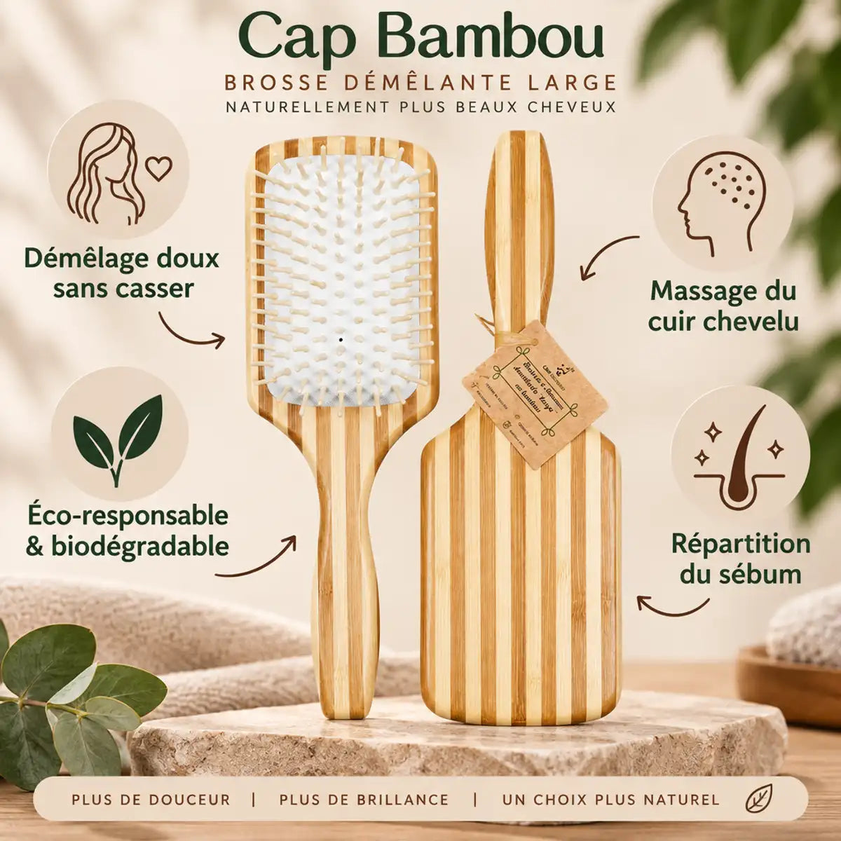 Brosse Demelante Large Cap Bambou démêlage doux eco-responsable cuir chevelu