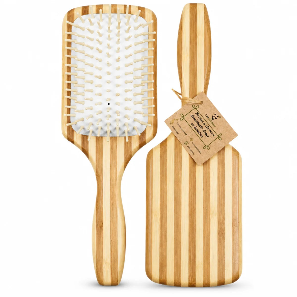 Brosse à cheveux démêlante large Cap Bambou en bambou naturel avec soies blanches arrondies