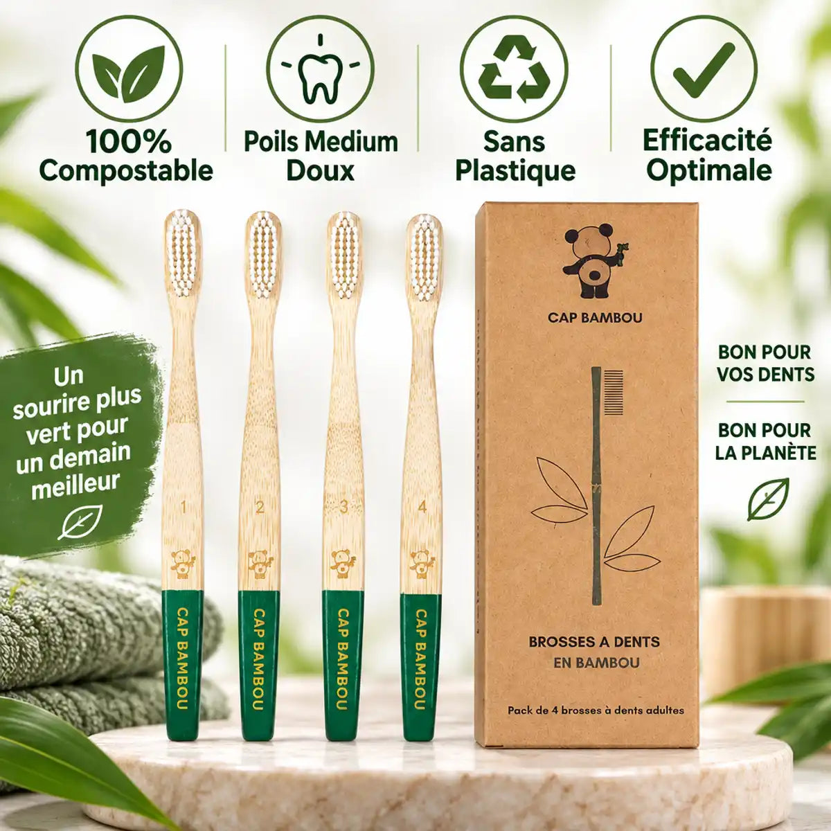 Brosse à dents adulte medium vert bambou 100% compostable - boîte de 4 pièces