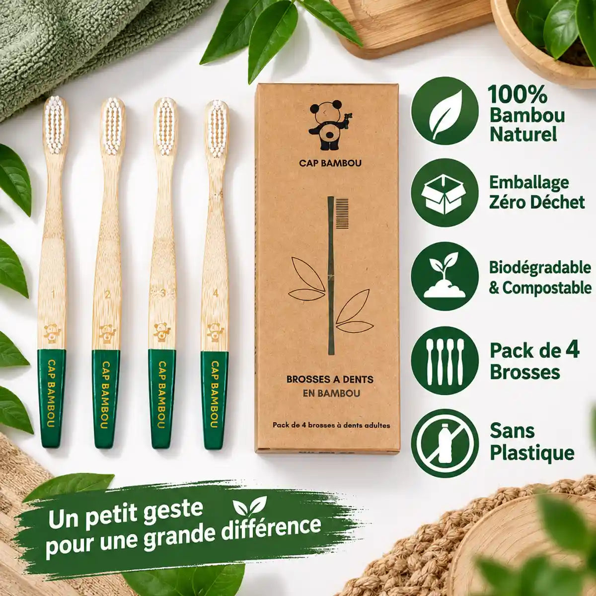 Brosses à dents adultes Cap Bambou medium vert, boîte de 4, emballage écologique sans plastique