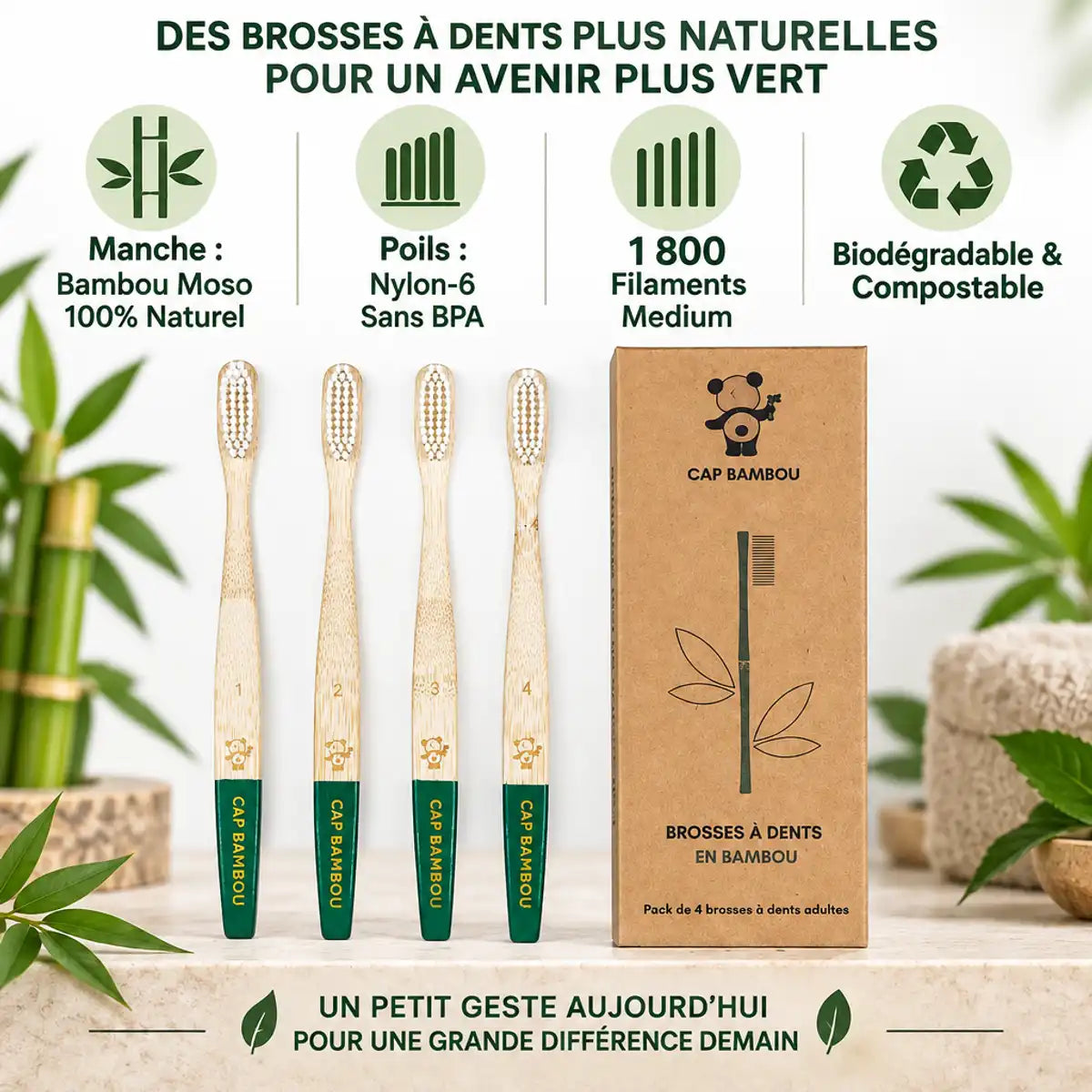 Brosse à dents adulte medium vert Cap Bambou boîte 4 avec composition bambou naturel et poils medium