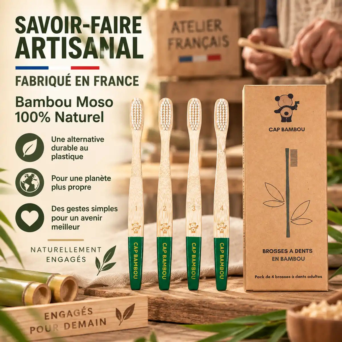 Brosse à dents adulte medium vert bambou Cap Bambou boîte de 4, fabrication française artisanale