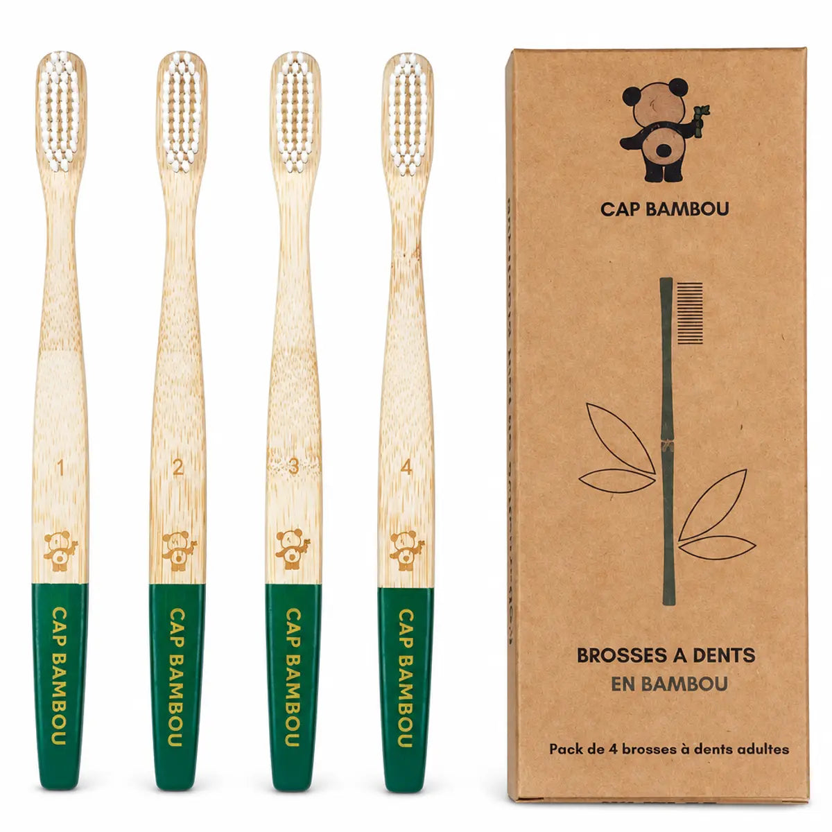 Boîte de 4 brosses à dents adultes medium vert Cap Bambou avec poignées en bambou naturel