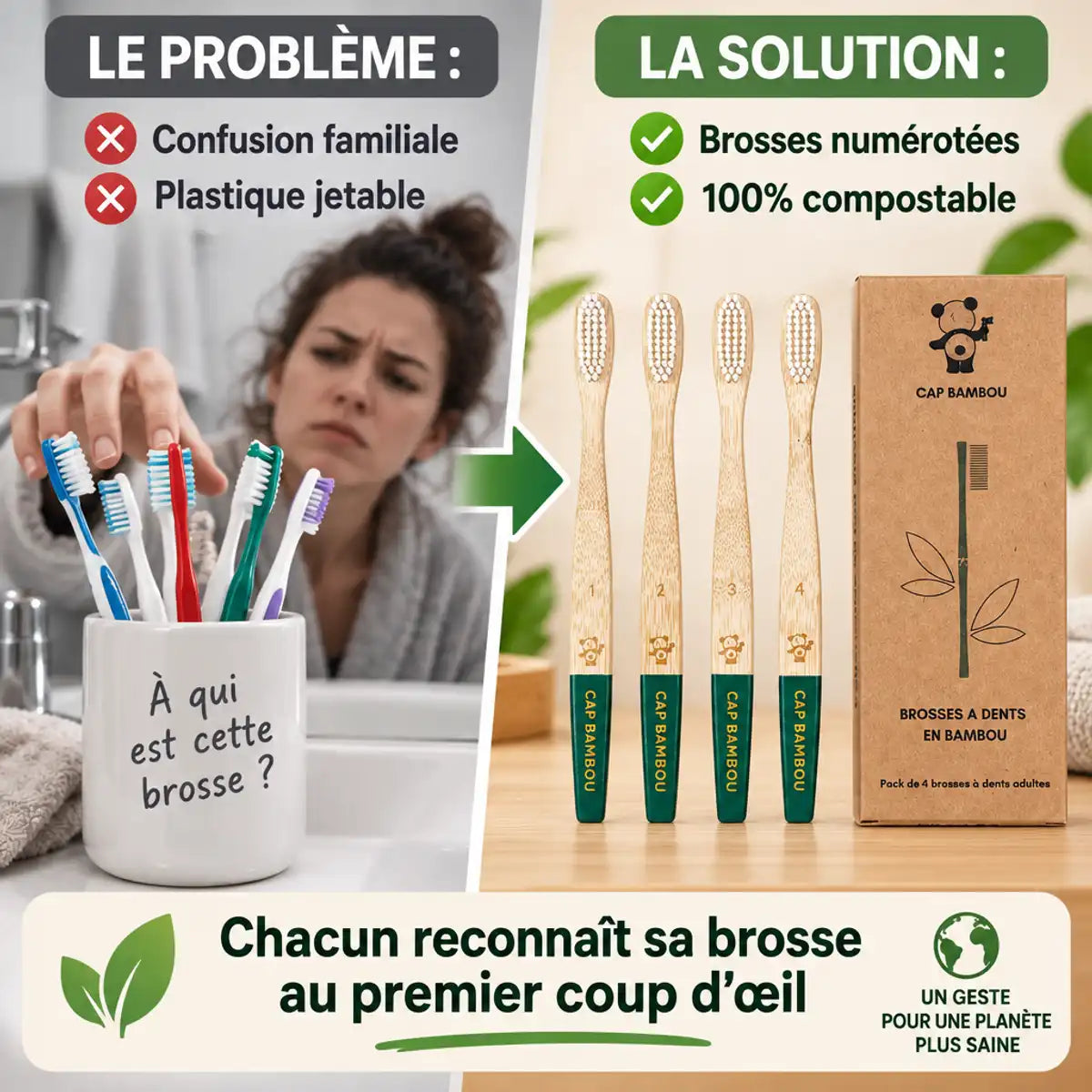 Brosse à dents adulte medium vert numérotée Cap Bambou, boîte de 4 avec cap bambou, écologique et compostable