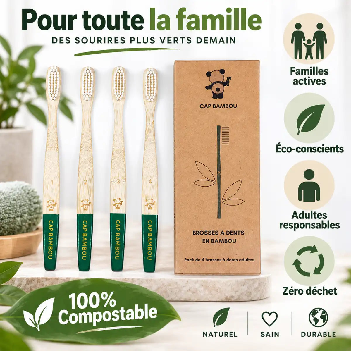 Brosse à dents adulte medium vert Cap Bambou boîte de 4 écologique compostable
